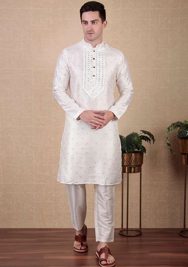 White Woven Mirror Embroidered Jacquard Silk Kurta Pyjama Set For Men - Indya