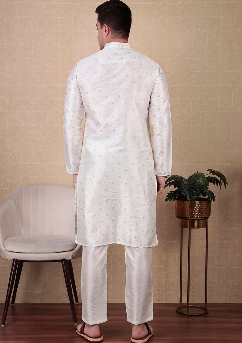 White Woven Mirror Embroidered Jacquard Silk Kurta Pyjama Set For Men - Indya