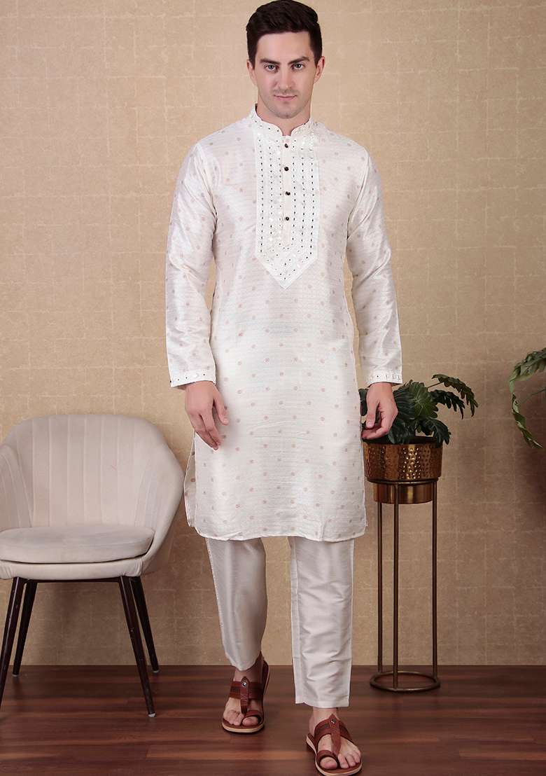 White Woven Mirror Embroidered Jacquard Silk Kurta Pyjama Set For Men - Indya