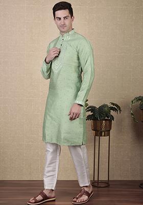 Pista Green Woven Mirror Embroidered Jacquard Silk Kurta Pyjama Set For Men