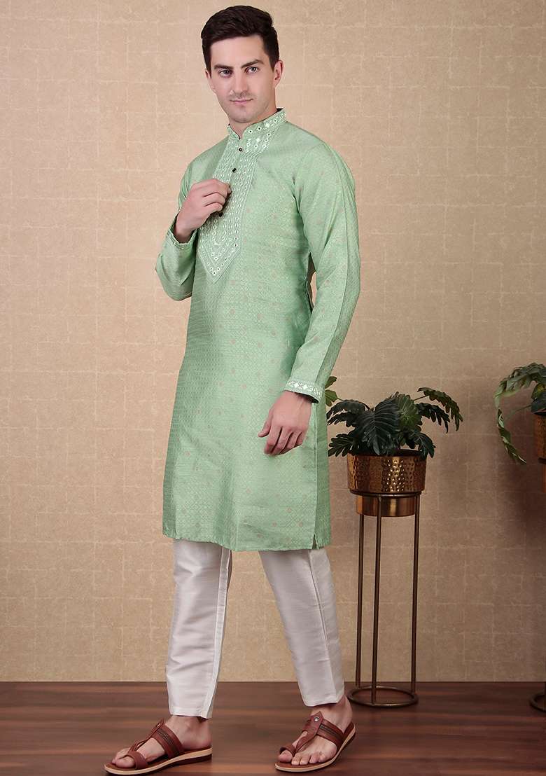 Pista Green Woven Mirror Embroidered Jacquard Silk Kurta Pyjama Set For Men - Indya