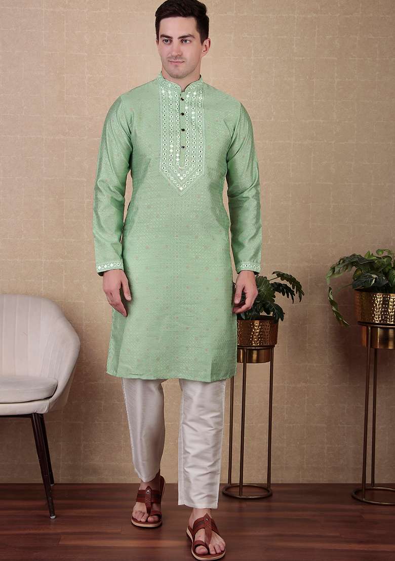 Pista Green Woven Mirror Embroidered Jacquard Silk Kurta Pyjama Set For Men - Indya