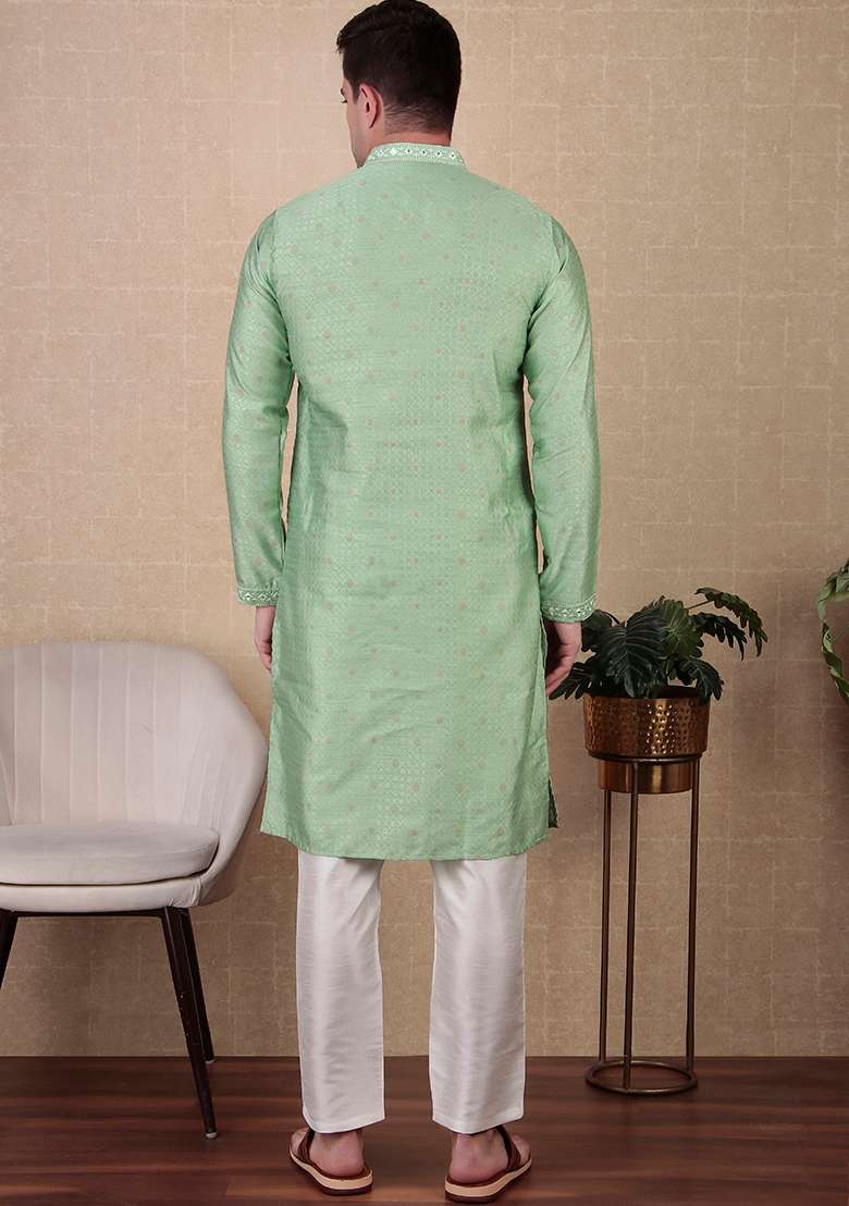 Pista Green Woven Mirror Embroidered Jacquard Silk Kurta Pyjama Set For Men - Indya