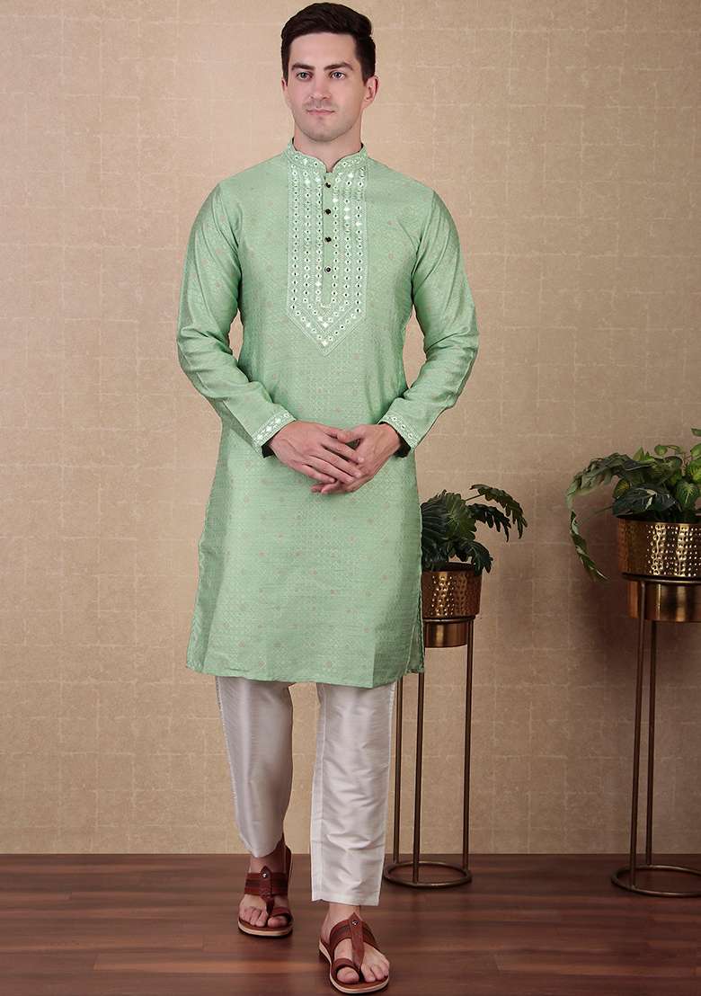 Pista Green Woven Mirror Embroidered Jacquard Silk Kurta Pyjama Set For Men - Indya