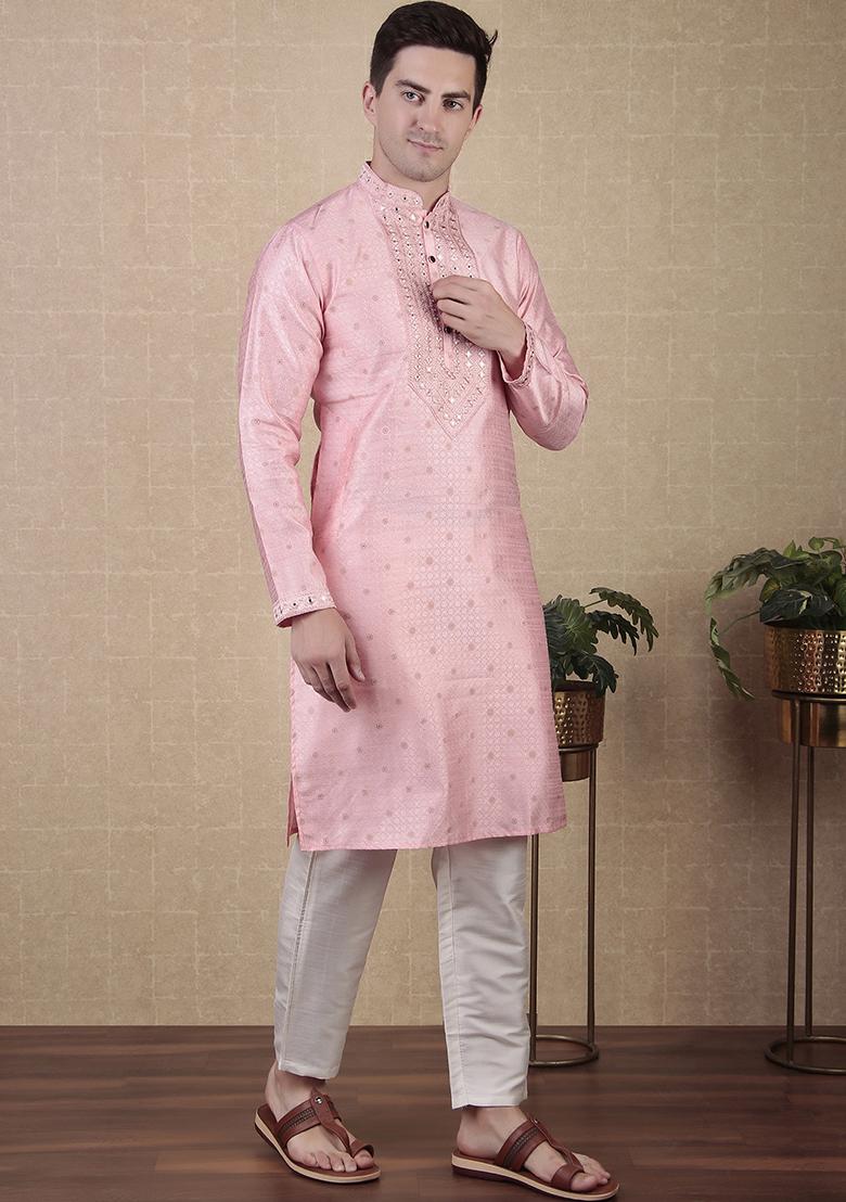 Pink Woven Mirror Embroidered Jacquard Silk Kurta Pyjama Set For Men