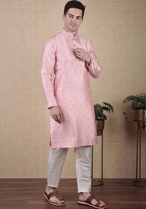 Pink Woven Mirror Embroidered Jacquard Silk Kurta Pyjama Set For Men