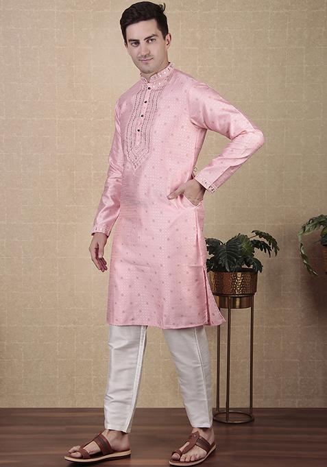 Pink Woven Mirror Embroidered Jacquard Silk Kurta Pyjama Set For Men