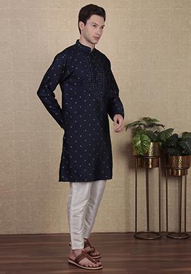 Navy Blue Woven Mirror Embroidered Jacquard Silk Kurta Pyjama Set For Men