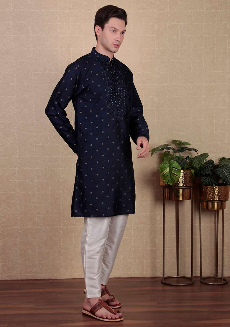 Navy Blue Woven Mirror Embroidered Jacquard Silk Kurta Pyjama Set For Men - Indya