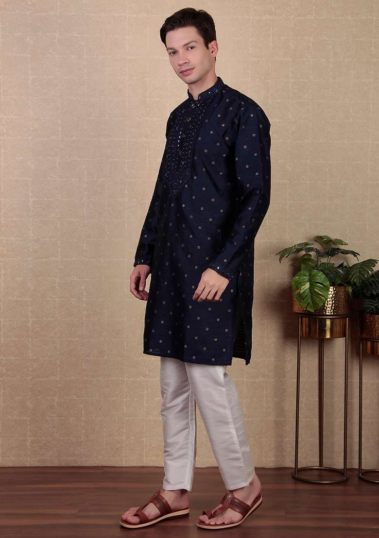 Navy Blue Woven Mirror Embroidered Jacquard Silk Kurta Pyjama Set For Men - Indya