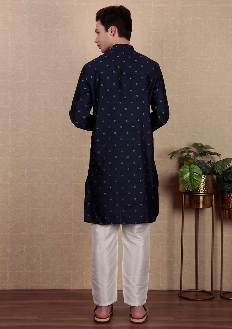 Navy Blue Woven Mirror Embroidered Jacquard Silk Kurta Pyjama Set For Men - Indya