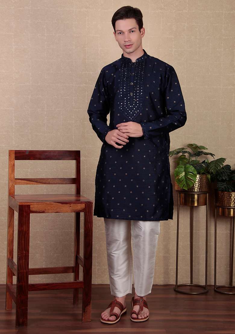 Navy Blue Woven Mirror Embroidered Jacquard Silk Kurta Pyjama Set For Men - Indya