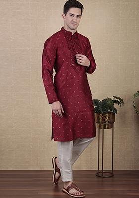 Maroon Woven Mirror Embroidered Jacquard Silk Kurta Pyjama Set For Men