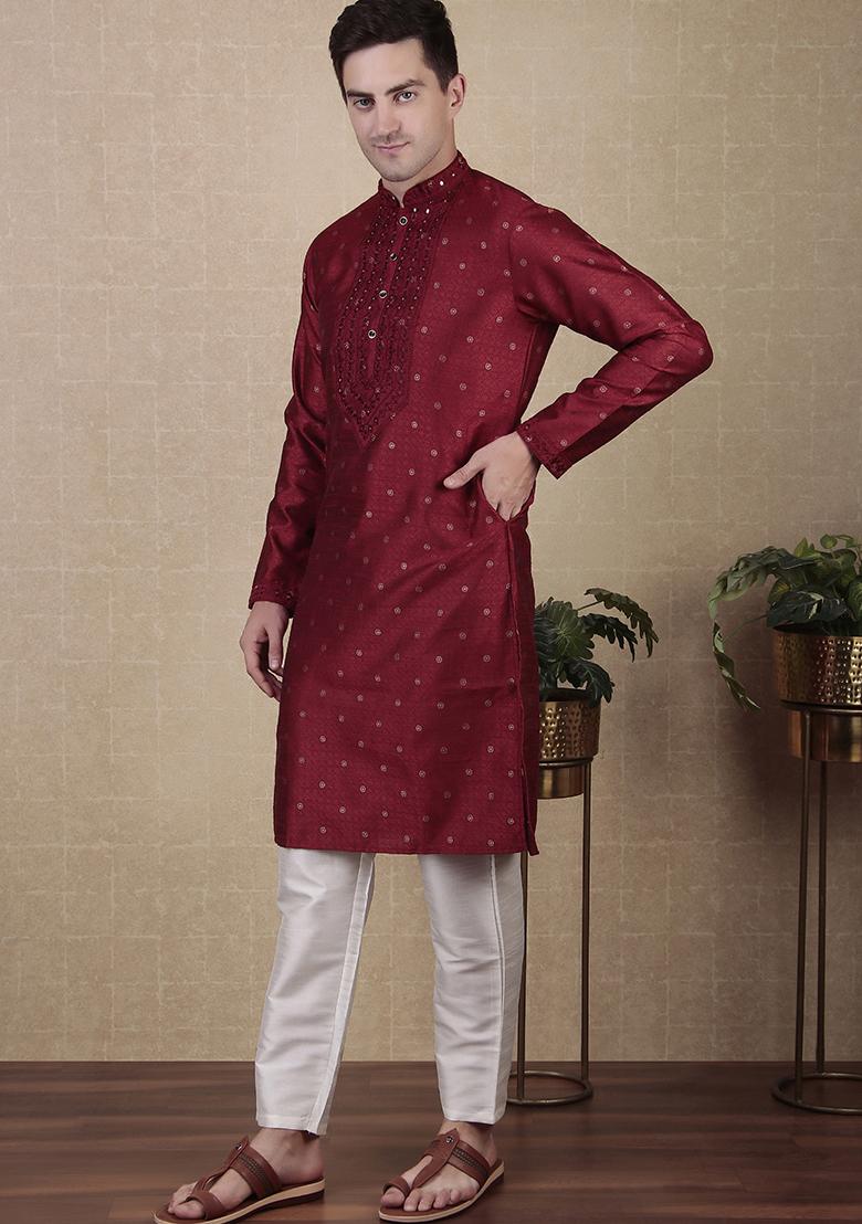 Maroon Woven Mirror Embroidered Jacquard Silk Kurta Pyjama Set For Men