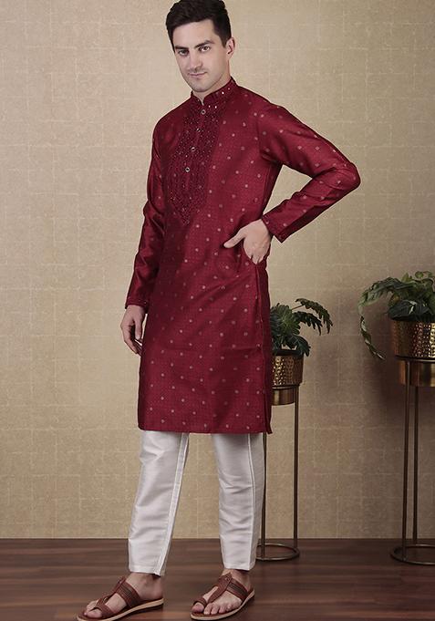 Maroon Woven Mirror Embroidered Jacquard Silk Kurta Pyjama Set For Men