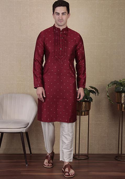 Maroon Woven Mirror Embroidered Jacquard Silk Kurta Pyjama Set For Men