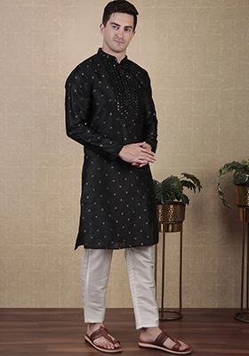 Black Woven Mirror Embroidered Jacquard Silk Kurta Pyjama Set For Men