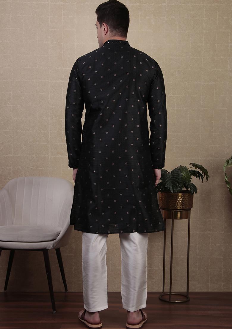 Black Woven Mirror Embroidered Jacquard Silk Kurta Pyjama Set For Men