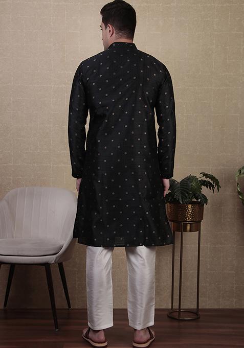 Black Woven Mirror Embroidered Jacquard Silk Kurta Pyjama Set For Men