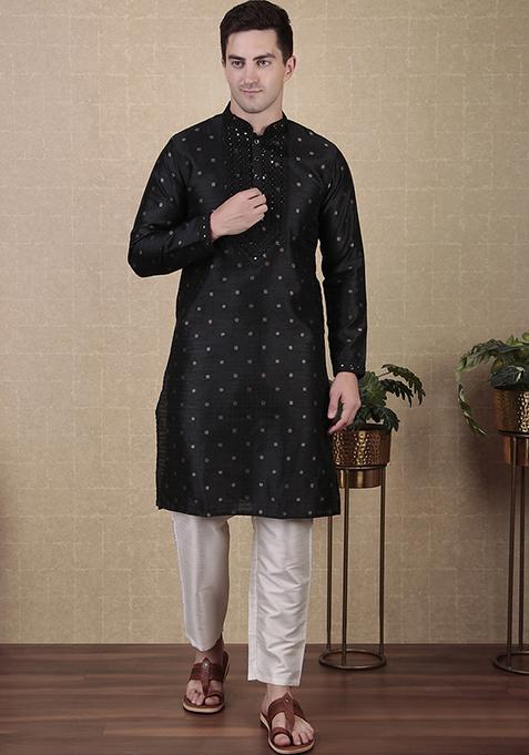 Black Woven Mirror Embroidered Jacquard Silk Kurta Pyjama Set For Men