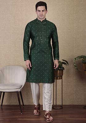 Green Woven Mirror Embroidered Jacquard Silk Kurta Pyjama Set For Men