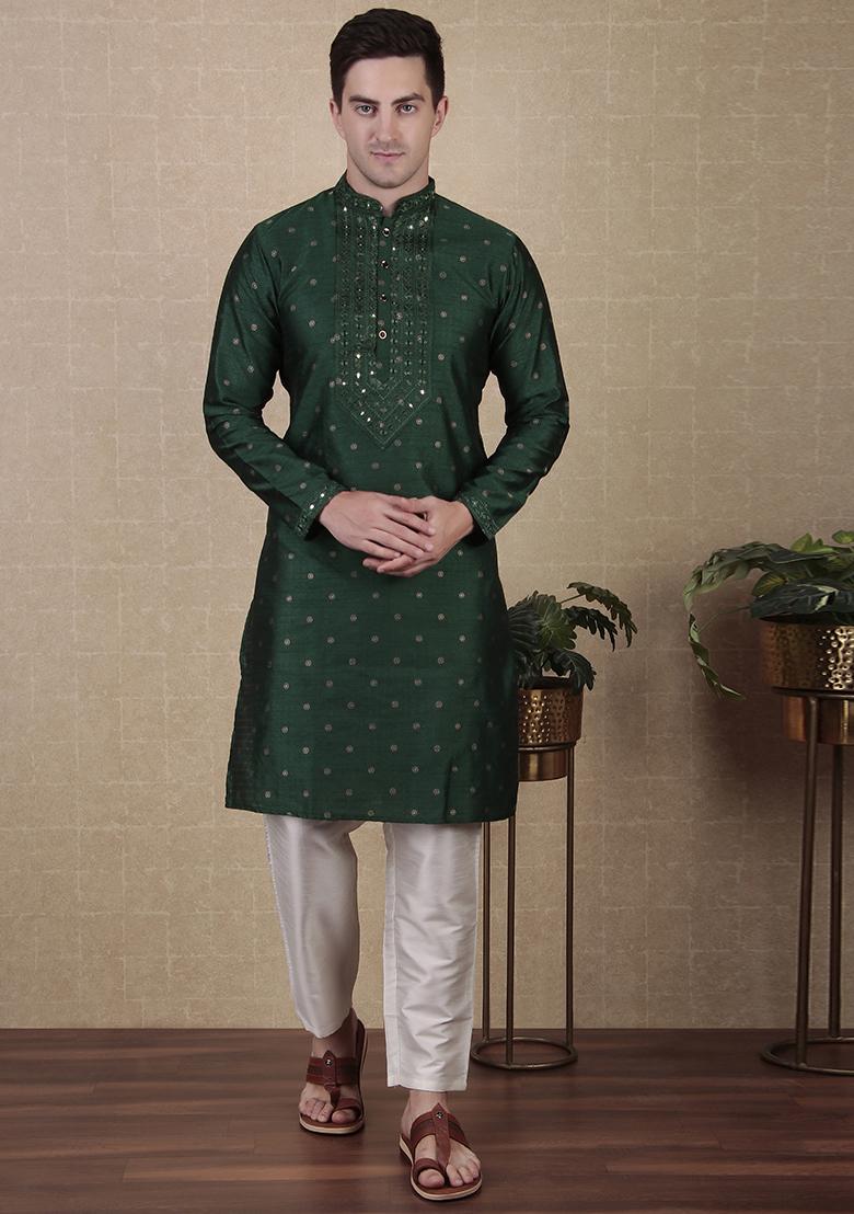 Green Woven Mirror Embroidered Jacquard Silk Kurta Pyjama Set For Men