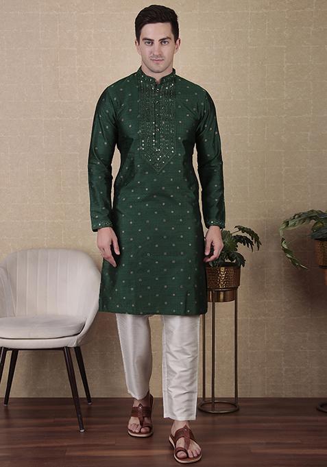 Green Woven Mirror Embroidered Jacquard Silk Kurta Pyjama Set For Men