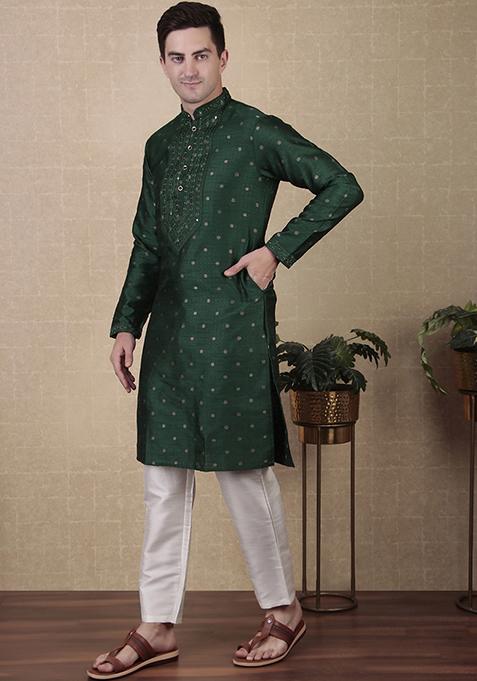Green Woven Mirror Embroidered Jacquard Silk Kurta Pyjama Set For Men