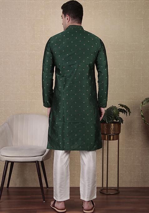 Green Woven Mirror Embroidered Jacquard Silk Kurta Pyjama Set For Men
