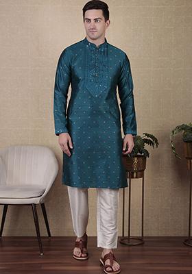 Teal Woven Mirror Embroidered Jacquard Silk Kurta Pyjama Set For Men