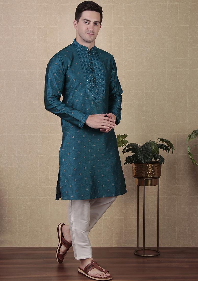 Teal Woven Mirror Embroidered Jacquard Silk Kurta Pyjama Set For Men