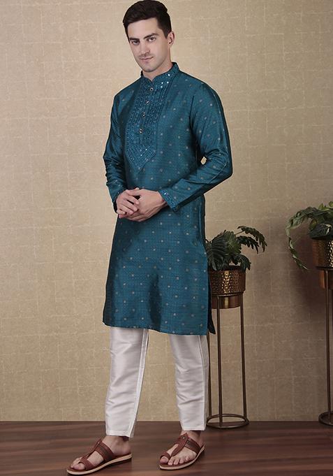 Teal Woven Mirror Embroidered Jacquard Silk Kurta Pyjama Set For Men