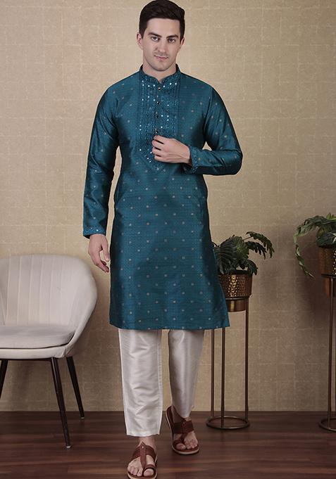 Teal Woven Mirror Embroidered Jacquard Silk Kurta Pyjama Set For Men