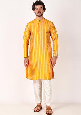 Yellow Woven Art Silk Kurta Pyjama Set For Men