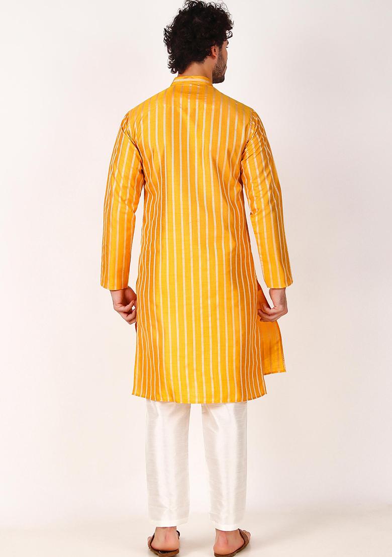 Yellow Woven Art Silk Kurta Pyjama Set For Men