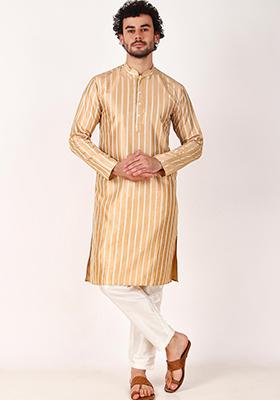 Brown Woven Art Silk Kurta Pyjama Set For Men