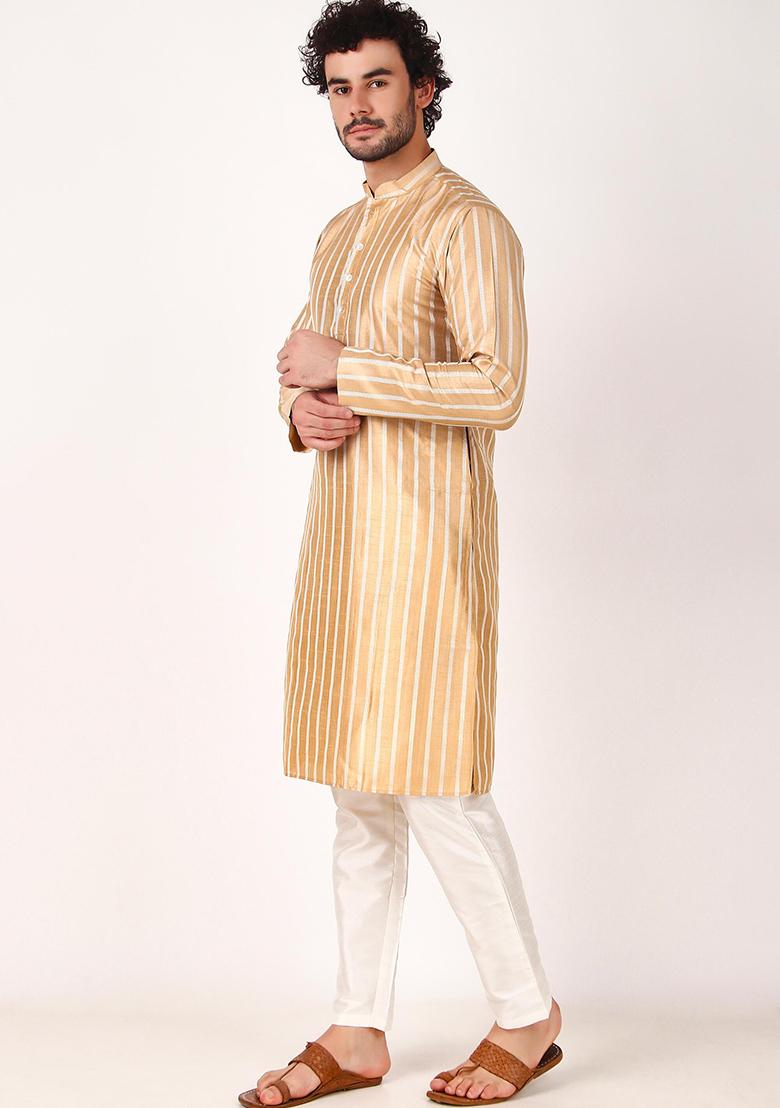 Brown Woven Art Silk Kurta Pyjama Set For Men