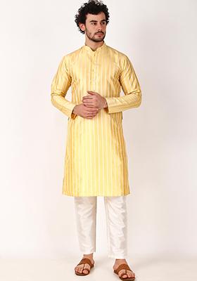 Lemon Yellow Woven Art Silk Kurta Pyjama Set For Men