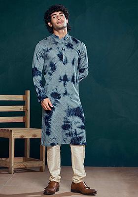 Blue Sequin Embroidered Viscose Kurta Pyjama Set For Men