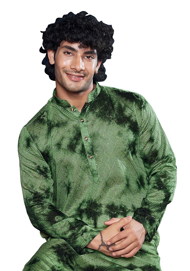Green Sequin Embroidered Viscose Kurta Pyjama Set For Men