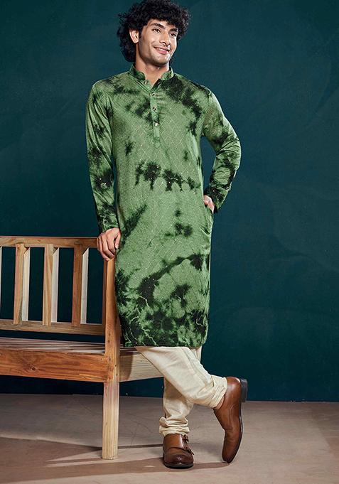Green Sequin Embroidered Viscose Kurta Pyjama Set For Men