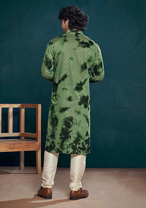 Green Sequin Embroidered Viscose Kurta Pyjama Set For Men