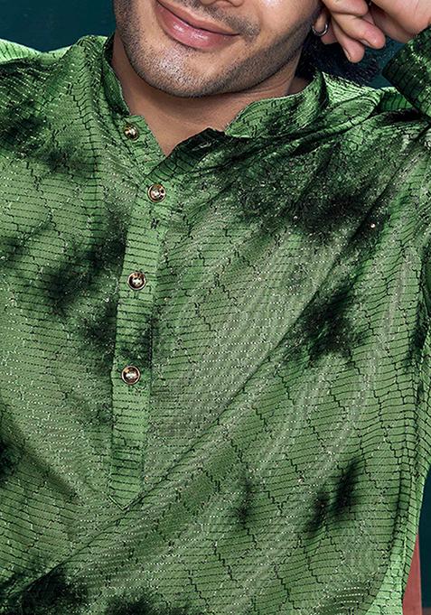 Green Sequin Embroidered Viscose Kurta Pyjama Set For Men