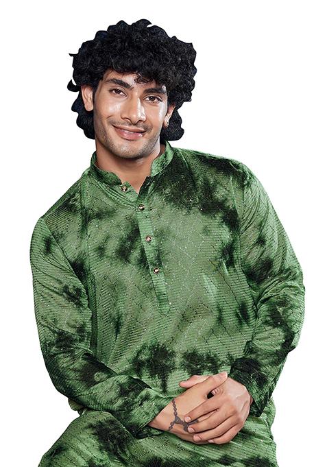 Green Sequin Embroidered Viscose Kurta Pyjama Set For Men