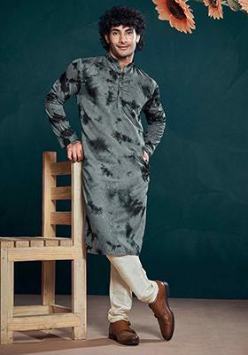 Grey Sequin Embroidered Viscose Kurta Pyjama Set For Men