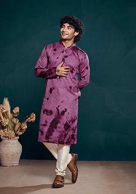 Purple Sequin Embroidered Viscose Kurta Pyjama Set For Men