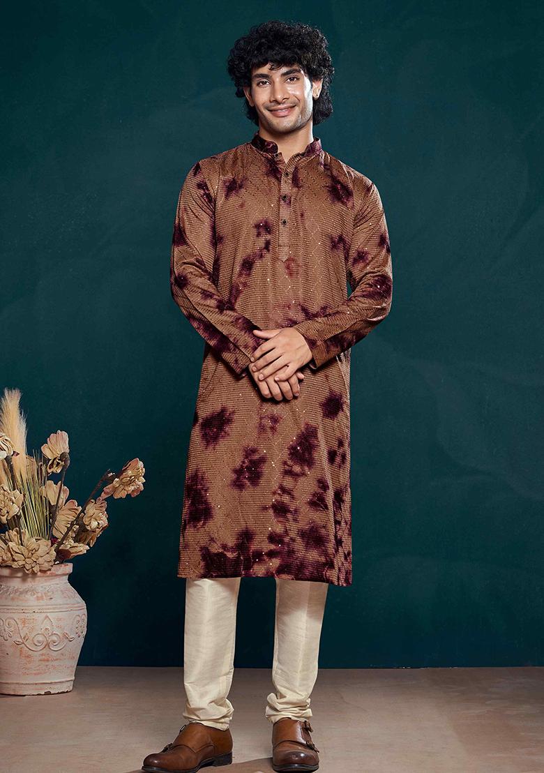 Wine Sequin Embroidered Viscose Kurta Pyjama Set For Men