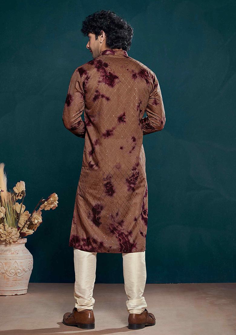 Wine Sequin Embroidered Viscose Kurta Pyjama Set For Men
