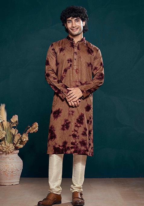 Wine Sequin Embroidered Viscose Kurta Pyjama Set For Men
