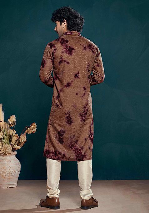 Wine Sequin Embroidered Viscose Kurta Pyjama Set For Men